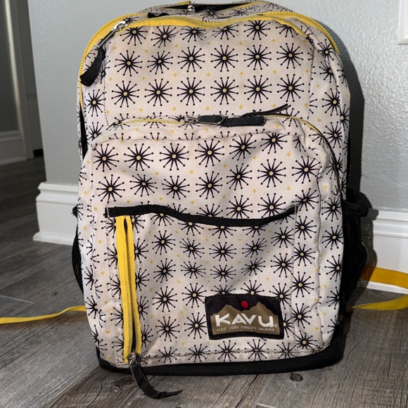 Kavu Cream Backpack with Yellow Accents and Black Starburst Print